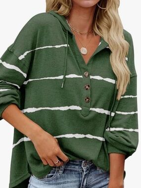 Striped Green Hooded Henley Pullover